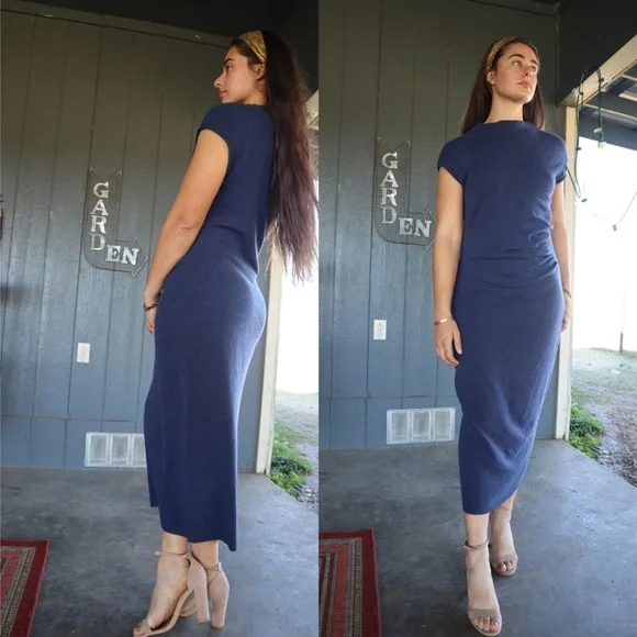 XL Cashmere Midi Dress, Long Sweater Dress, Navy Blue Cashmere Knit Midi Dress - Picture 5 of 8